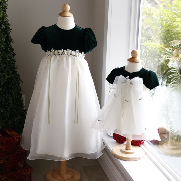 Baby Girl's Dress Green Velvet Ivory Chiffon Size 6-9 Months Special Occasion - Picture 6 of 6